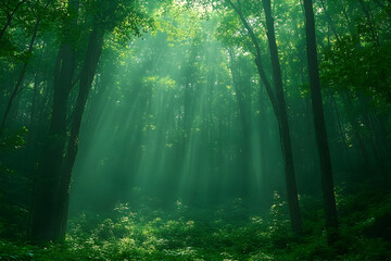 Obraz premium Sunbeams piercing misty green forest