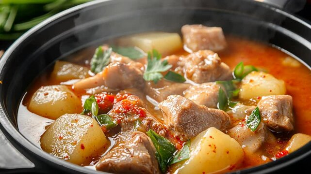 Close-up shot of bubbling Korean Gamjatang (spicy pork bone stew) in a traditional black pot
