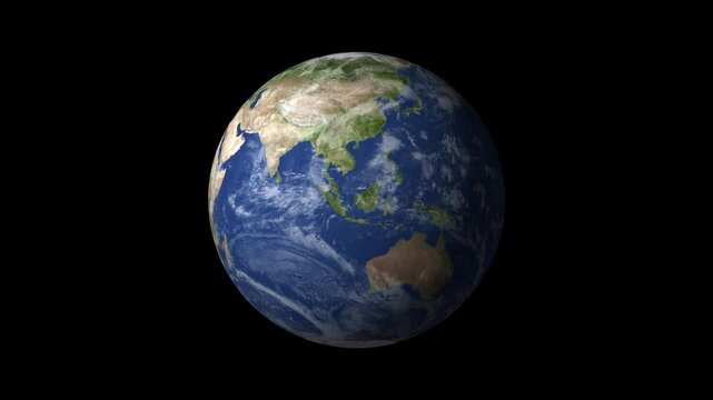Earth Globe rotation isolated on black background, 3d planet earth with clouds around, Rotation 360 degrees realistic Earth, Planet earth rotation black background