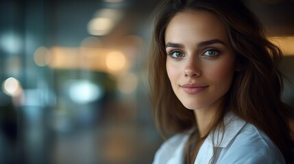 Naklejka premium Compassionate Female Healthcare Professional in White Coat, Head and Shoulders Portrait with Soft Side Lighting, Blurred Hospital Background.