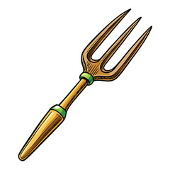 Fototapeta premium Close-up image of a vintage, three-pronged weeding fork with a weathered wooden handle, showing detail and texture.