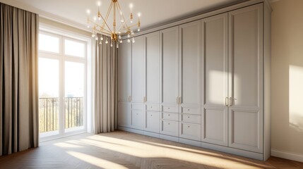 Obraz premium Sunlight streams into bedroom with large wardrobe, showcasing interior design