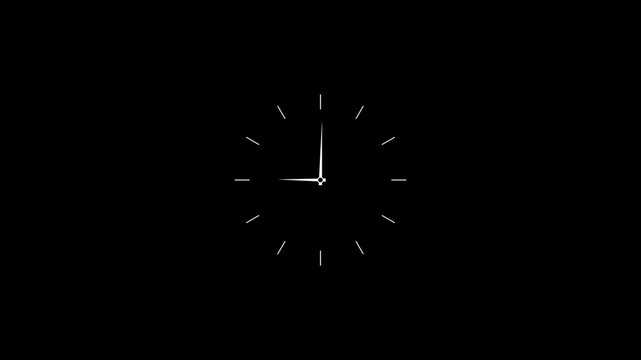 Twelve hours clock run, moving time arrows, 12 hours clock dial loop, twenty-four hours time lapse animation, Hours appear on a white background and quickly go