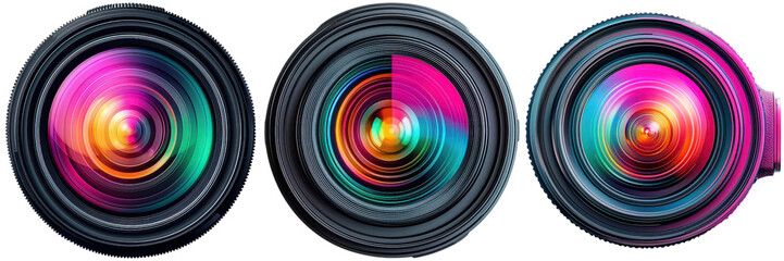 Three colorful camera lenses. Concept of photography, optics, and technology.