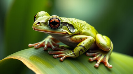 Fototapeta premium illustration of high detailed realistic green frog with brown eyes sitting on green leaf of plant