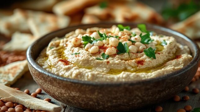 Creamy Hummus with Toasted Pita Chips on Wooden Table