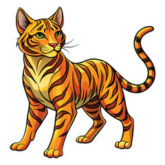 A playful Toyger cat, mid-stride, showcasing its striking golden orange coat and distinctive black markings.  High-resolution image.