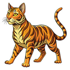 A playful Toyger cat, golden orange coat with bold black markings, mid-stride.  Focus on the cat's movement and texture.