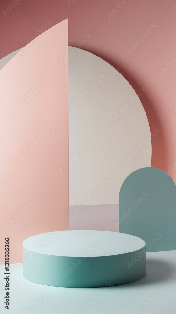 Poster Soft pastel shapes create a harmonious environment featuring a circular backdrop and a raised platform. The calming color palette invites a sense of serenity and creativity