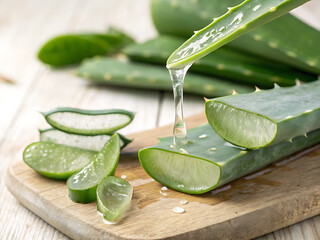 Aloe Vera Gel Extraction: Fresh aloe vera leaves are sliced open, revealing the soothing gel inside.  Drops of pure aloe vera gel drip onto a wooden cutting board.