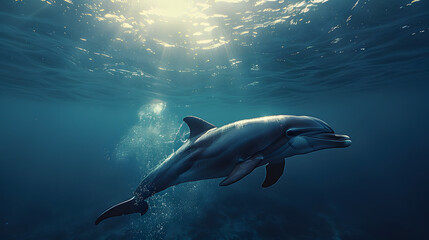 Fototapeta premium Graceful dolphin swimming underwater with sunlight filtering through the ocean surface, serene environment
