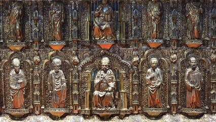 Fototapeta premium Venice, Italy - December 28, 2024: The intricately details of the altarpiece in St Mark's Basilica, featuring sculpted figures of saints and clergy in ornate niches. It is believed to house the relics