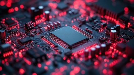Close-up of a sophisticated microprocessor on a circuit board with a soft red glow