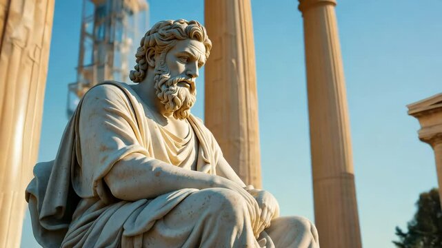 Ancient Greek philosopher marble statue in deep contemplation with classical architecture in the background