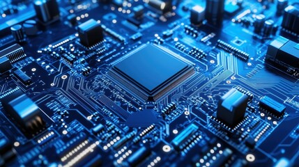 Fototapeta premium A Chip surrounded by various components on a circuit electronic board on a blue background. Template background concept for various products such as smartphones, tablets, laptops, PCBs, game consoles 
