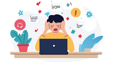 A businessman holding his head in frustration while looking at negative customer feedback on his laptop.