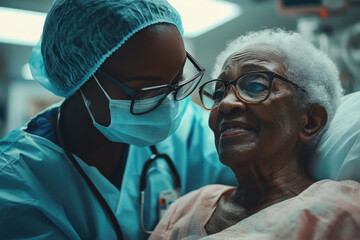 Nurse comforts elderly patient in hospital room.