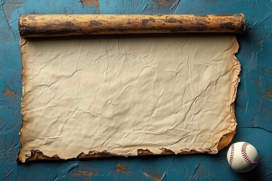 An aged parchment scroll on a rusty metal surface with a vintage feel featuring a baseball in the corner
