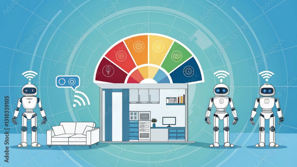 Aufkleber smart home concept with robots and interactive controls displayed.