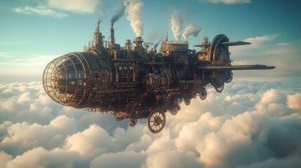 Steampunk Airship Above Clouds