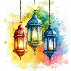 Obraz premium Colorful Watercolor Hanging Lanterns with Intricate Details