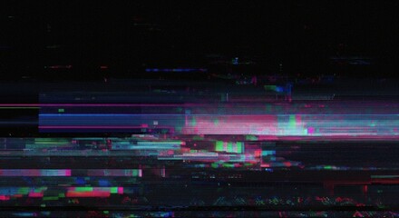 The vibrant color distortion in a glitch art composition with abstract pixel blocks and digital artifacts is set against a dark background