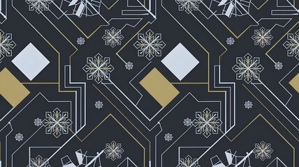 Golden Snowfall Abstract Geometric Pattern with Snowflakes and Line Art