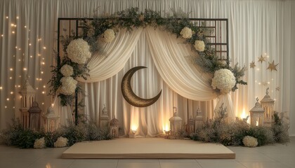 Elegant Wedding Ceremony Decor: White Floral Arch with Moon and Lights