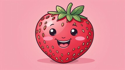 Obraz premium Cute kawaii red strawberry character with smiling face on pink background. Hand drawn vector illustration