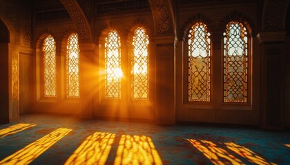 Golden Sunlight Streaming Through Ornate Arches in Ancient Building Interior