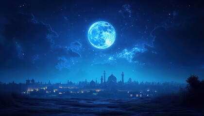 Fototapeta premium Night Cityscape Under a Bright Blue Moon and Starry Sky