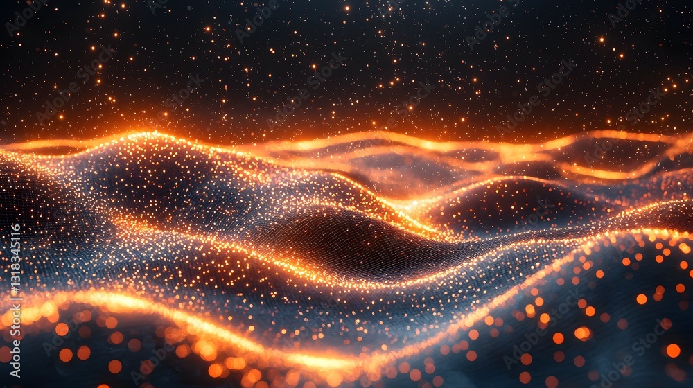 Poster glowing quantum computer with swirling particles ethereal visualization of quantum concepts