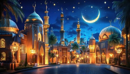 Obraz premium Night Scene of an Arabian City with Illuminated Mosques under a Crescent Moon and Starry Sky