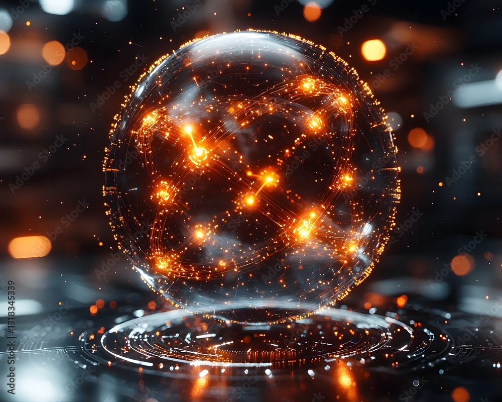 Poster glowing qubit lattice suspended in mid air intricate quantum pathways connecting dynamic nodes futur