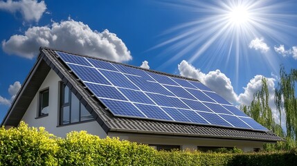 Fototapeta premium Sustainable Smart Home with Solar Rooftop and Battery Storage System