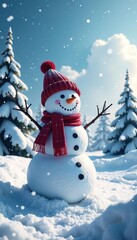 Obraz premium Joyful snowman in a winter wonderland with snow-covered trees and sparkling ice, sky, clouds, sparkling