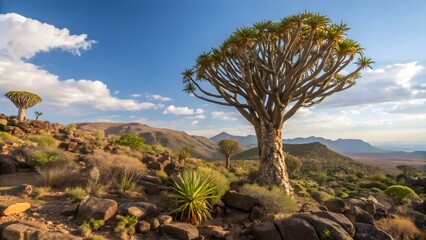 Quiver Tree's Majestic Panorama: Captivating scene features a majestic quiver tree with its unique, branching form, set against a stunning backdrop of rocky terrain, blue sky and subtle clouds