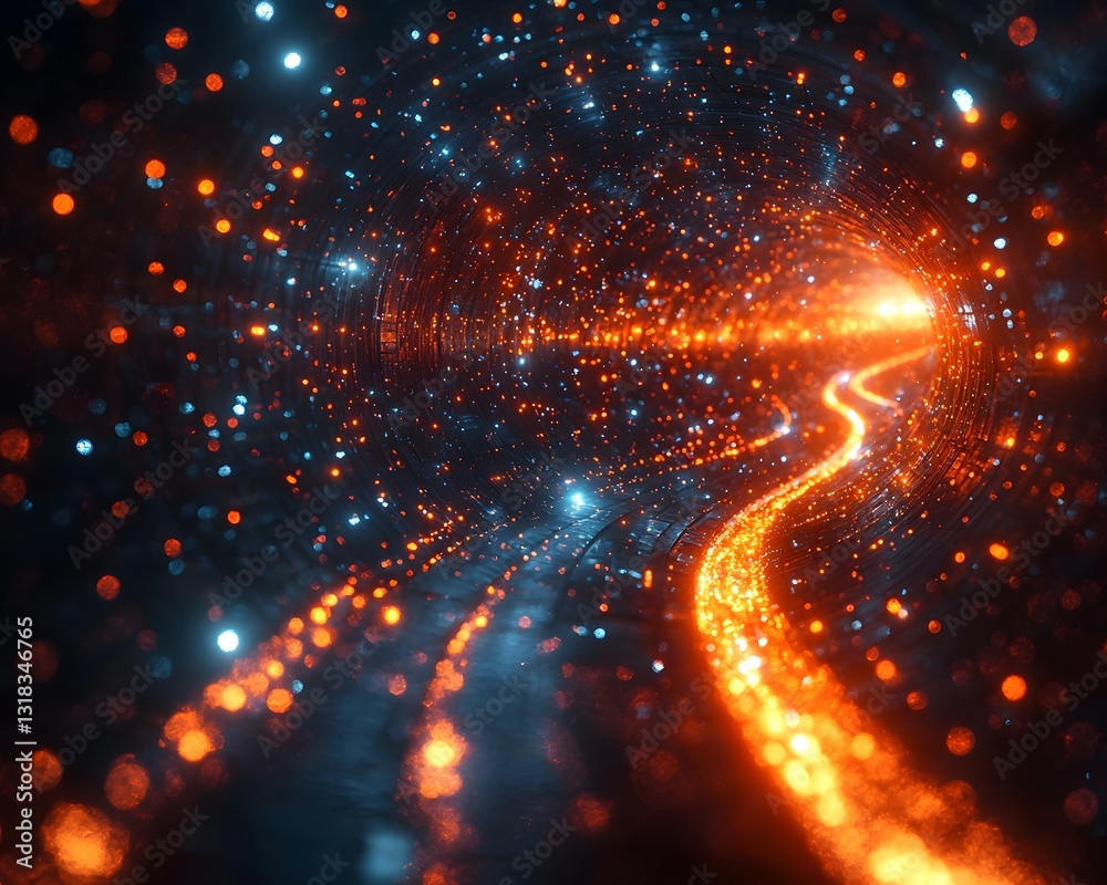 Poster dynamic glowing quantum processor generating vibrant particle stream merging into quantum cloud