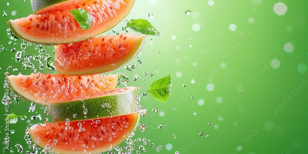 Poster fresh watermelon slices falling with splashing water action
