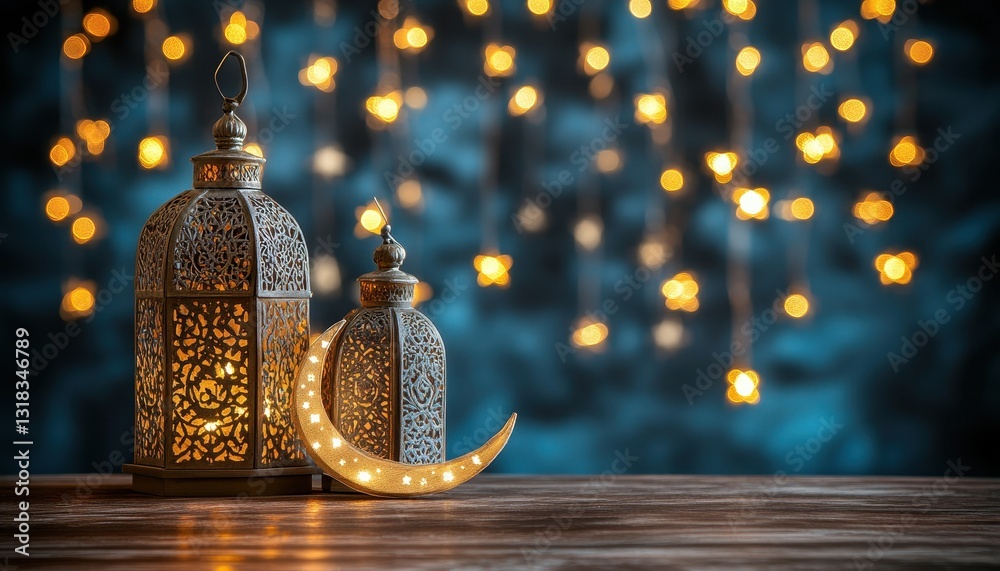Poster ornate metal lanterns with glowing crescent moon on wooden table against dark bokeh background