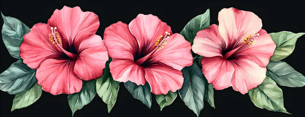 Obraz premium Pink hibiscus flowers, dark background, floral design