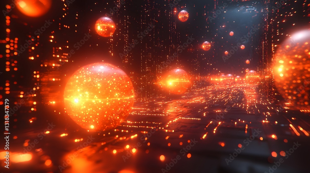 Poster mesmerizing quantum algorithm visualization with shifting glowing orbs in futuristic space