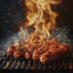 Grilling Smoky Meaty Aroma: Flame-Kissed Sausages and Fire-Cooked Delights in a Festive Outdoor BBQ Scene
