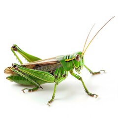 Vibrant Green Grasshopper on White Background with Detailed Features