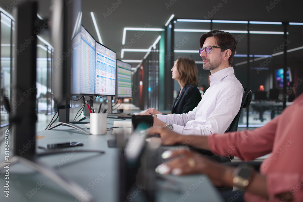 Poster Business Team Completing Billing Report Using Spreadsheet Software