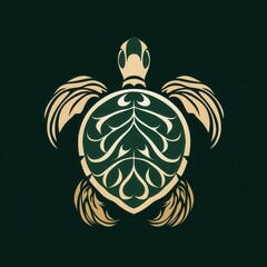 Turtle Marine Life Art: Intricate Golden Patterns & Green Background for Modern Eco-Friendly Designs