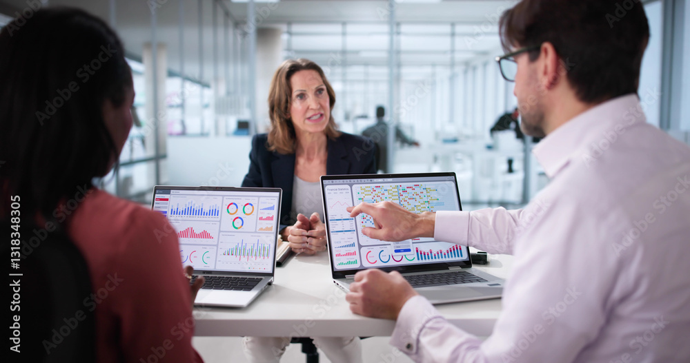 Poster Analyzing data on analytics dashboard during multicultural team meeting