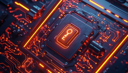 Obraz premium Digital safe with encrypted interface, glowing lock, and circuit visuals.