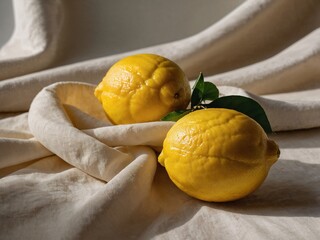 Fresh lemons on white fabric. Generative AI.