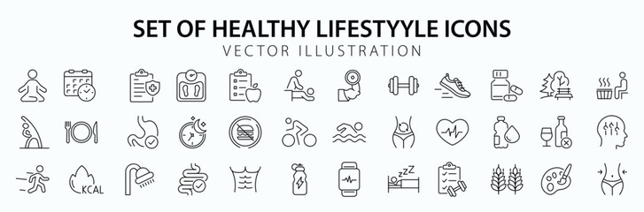 Healthy lifestyle set of web icons in line style. Fitness and sport icons for web and mobile app. Work and rest, physical activity, exercise, gym, sleep, body care and a diet. Editable stroke